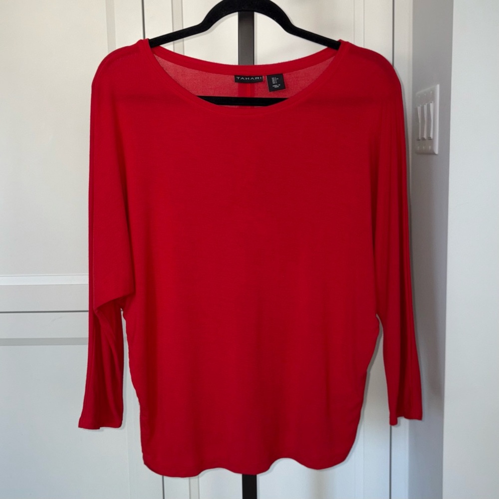 Tahari Red Dolman Sleeve Draped Knit Modal Top Women’s Size Large Travel Office